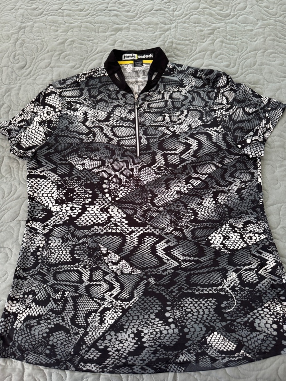 jamie sadock Black & White Snake-Print Short Sleeve Zip Golf Polo Top